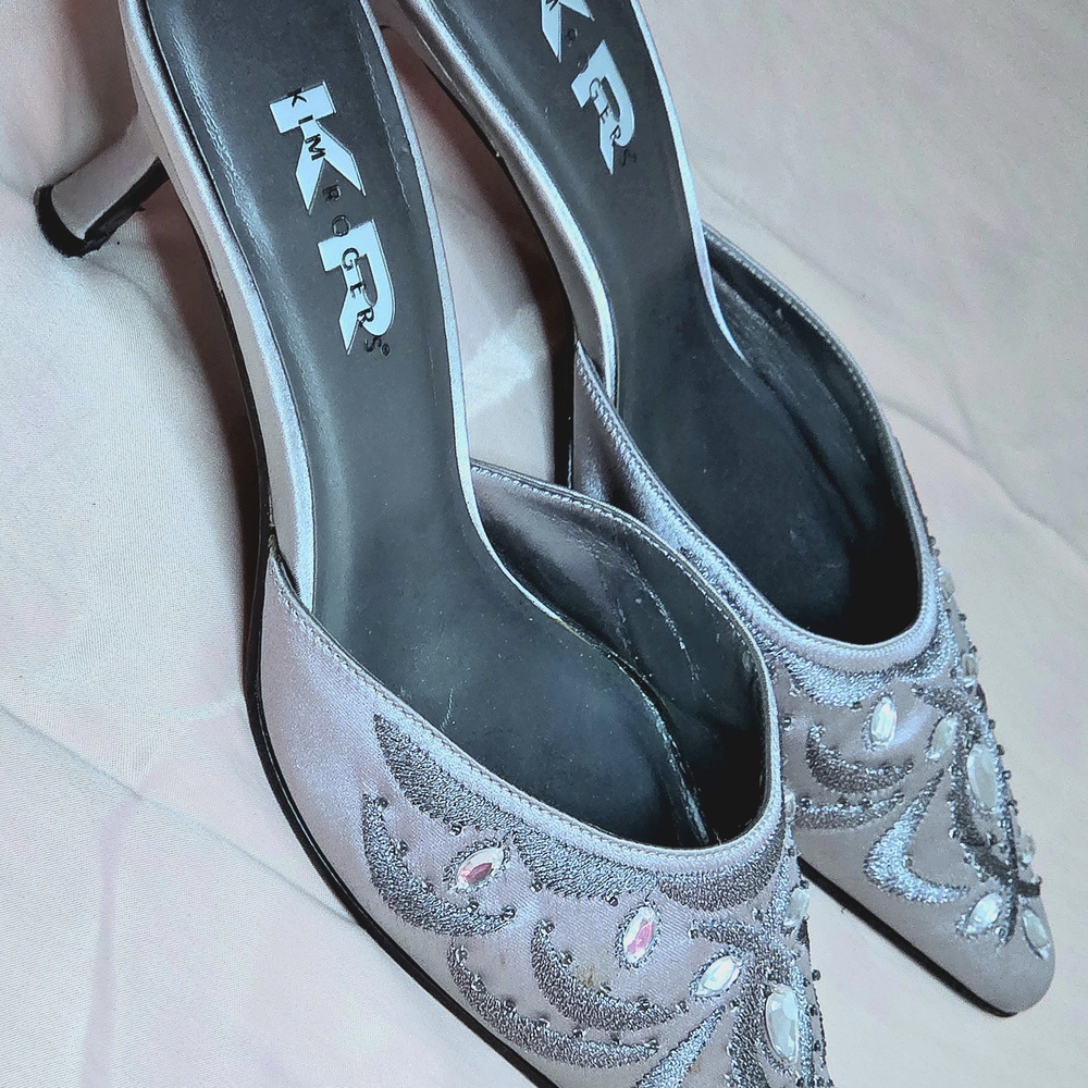 Kim Rogers Silver Jeweled Pointed-Toe Mules - Picture 8 of 12